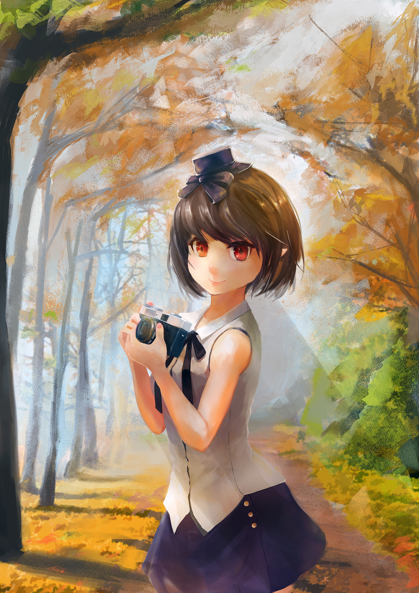 alternate_costume alternate_headwear autumn autumn_leaves black_skirt brown_hair camera cowboy_shot day forest hat highres holding holding_camera looking_at_viewer looking_to_the_side mini_hat nail_polish nature path pink_nails pointy_ears red_eyes ribbon road shadow shameimaru_aya shiny shiny_hair shirt short_hair skirt sleeveless sleeveless_shirt smile solo sunlight touhou tree tree_shade white_shirt xshui