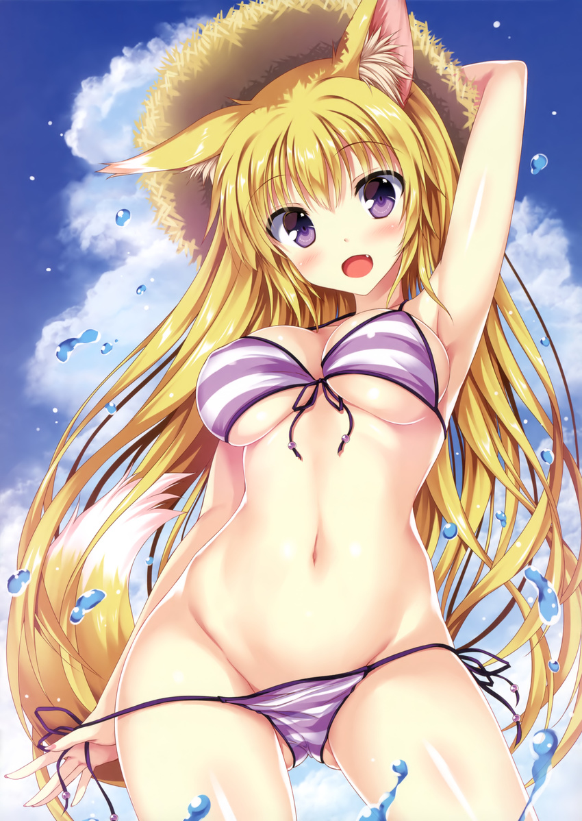 :d absurdres animal_ears arm_up armpits ass_visible_through_thighs bikini bikini_pull blonde_hair blush breasts contrapposto copyright_request cowboy_shot day fang fox_ears fox_tail front-tie_top groin highres large_breasts long_hair navel open_mouth purple_bikini purple_eyes side-tie_bikini sky smile solo standing striped striped_bikini swimsuit tail tateha_(marvelous_grace) underboob very_long_hair