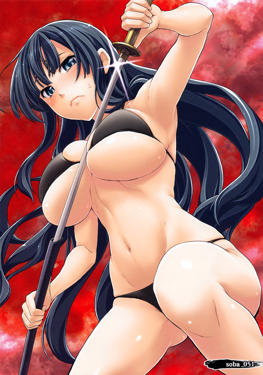 arm_up armpits between_breasts bikini black_bikini black_eyes black_hair breasts dutch_angle glint highres huge_breasts ikaruga_(senran_kagura) katana long_hair navel senran_kagura senran_kagura_shinovi_versus sheath skindentation soba_(saz) solo string_bikini sweatdrop swimsuit sword underboob unsheathing very_long_hair wavy_mouth weapon