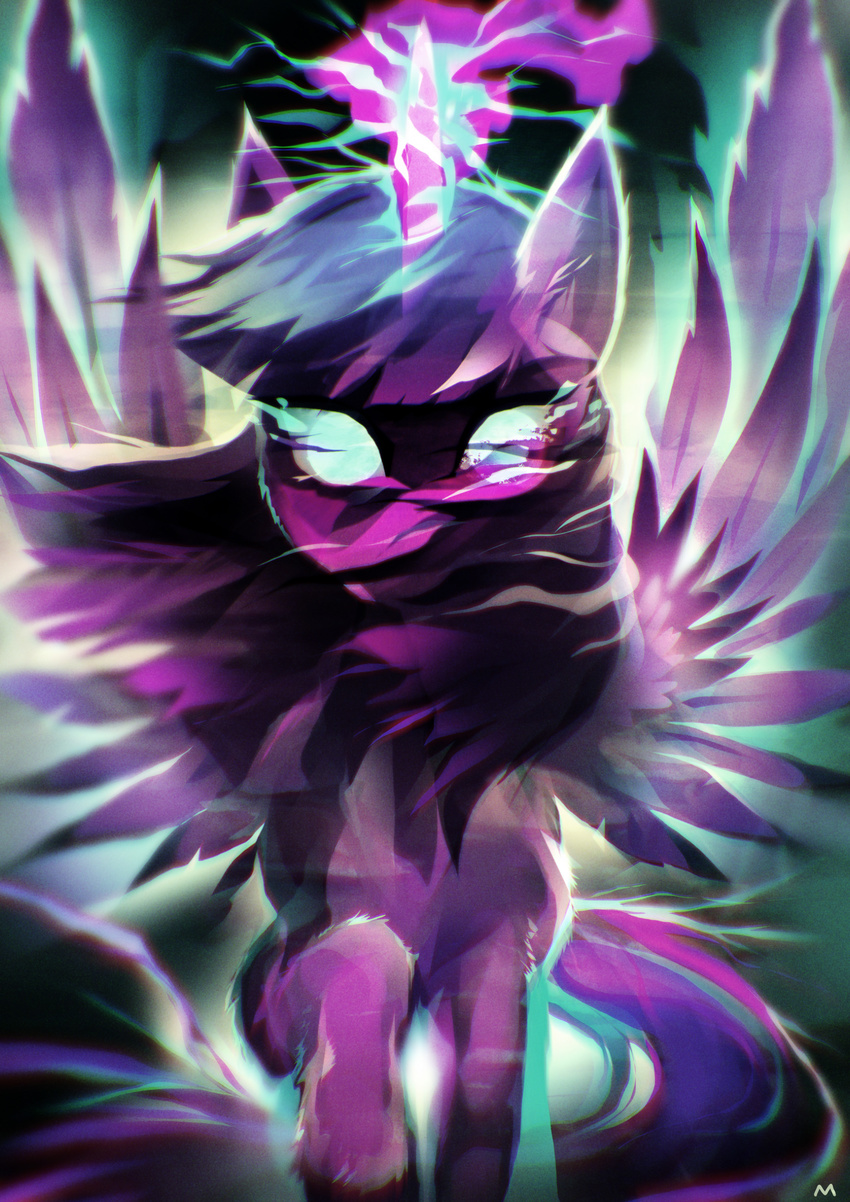2014 abstract_background absurd_res cmaggot equine feathered_wings feathers female friendship_is_magic fur glowing glowing_eyes hair hi_res horn looking_at_viewer magic mammal multicolored_hair my_little_pony purple_feathers purple_fur solo spread_wings twilight_sparkle_(mlp) winged_unicorn wings