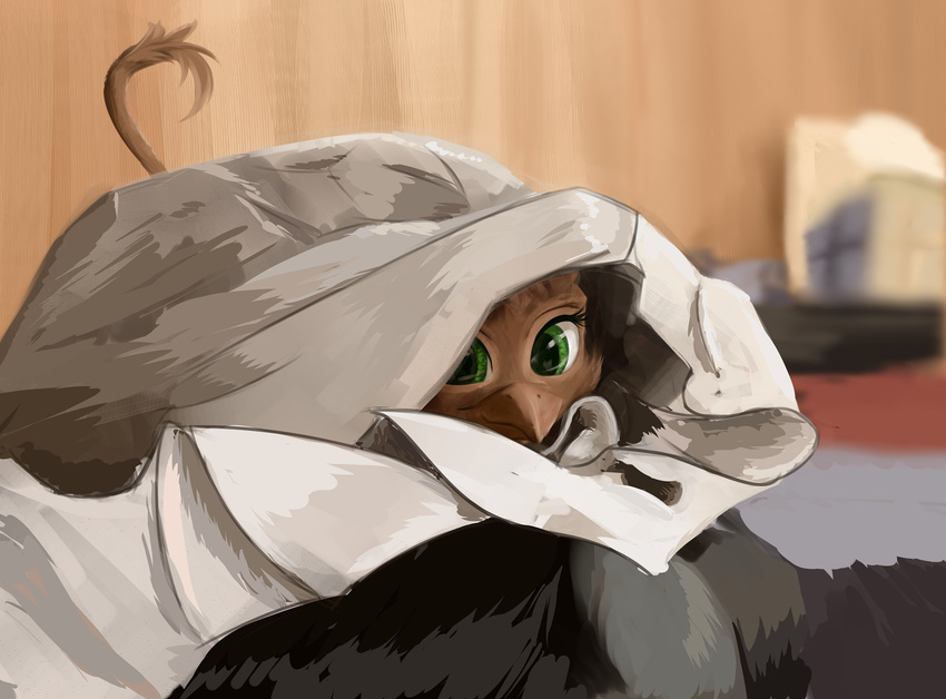 2015 ambiguous_gender avian blanket brown_fur feral fur green_eyes gryphon hair inside looking_at_viewer scootiebloom solo unknown_character young