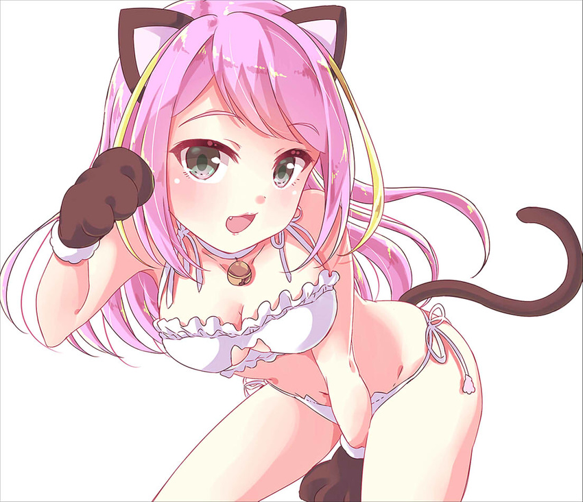 :d alternate_costume animal_ears bangs bare_legs bell bell_choker between_legs black_gloves blonde_hair blush border breasts cat_cutout cat_ear_panties cat_ears cat_lingerie cat_tail choker cleavage cleavage_cutout cowboy_shot eyebrows eyebrows_visible_through_hair fang frills gloves green_eyes hand_between_legs hashimoto_nyaa jingle_bell leaning_forward long_hair looking_at_viewer medium_breasts meme_attire multicolored_hair navel open_mouth osomatsu-san panties paw_gloves paw_pose paws pink_hair pink_lips shitone132 side-tie_panties simple_background smile solo stomach streaked_hair swept_bangs tail underwear underwear_only white_background white_panties