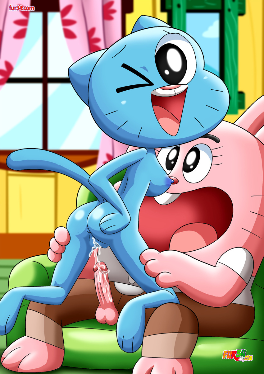 anthro anus blue_fur breasts butt cat clothed clothing couple father feline female fur hi_res husband lagomorph looking_at_viewer mammal mature_female mother nicole_watterson nipples one_eye_closed open_mouth parent penis pink_fur pussy pussy_juice rabbit the_amazing_world_of_gumball wife