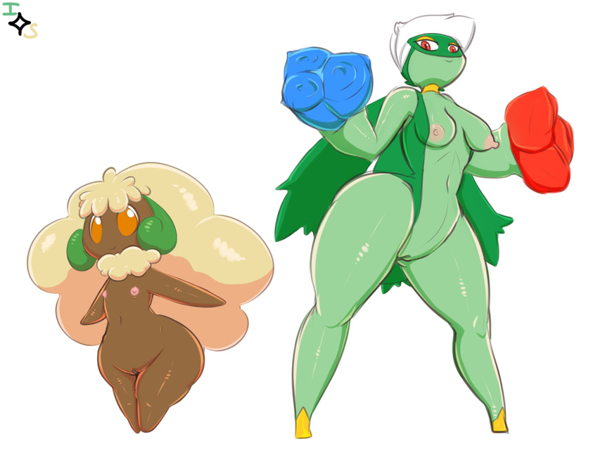 breasts cotton duo female flat_chested flora_fauna flower immortalstar nintendo nipples nude orange_eyes plant pok&eacute;mon pok&eacute;morph pussy red_eyes roserade smile video_games whimsicott wide_hips