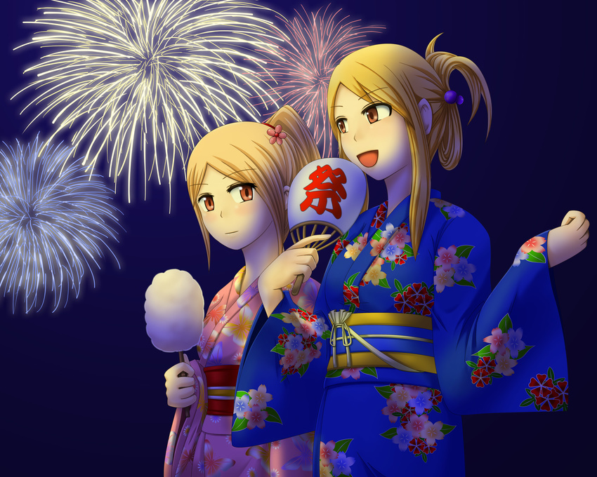 absurdres agrias_oaks blonde_hair final_fantasy final_fantasy_tactics fireworks highres japanese_clothes kimono long_hair multiple_girls ovelia_atkascha rawza short_hair yukata