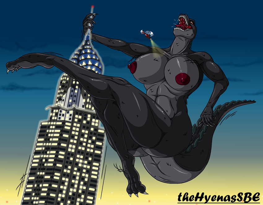 aircraft breasts claws crossgender empire_state_building female godzilla godzilla_(series) helicopter hi_res kaiju nipples open_mouth saliva scalie sharp_teeth solo teeth thehyenassbe