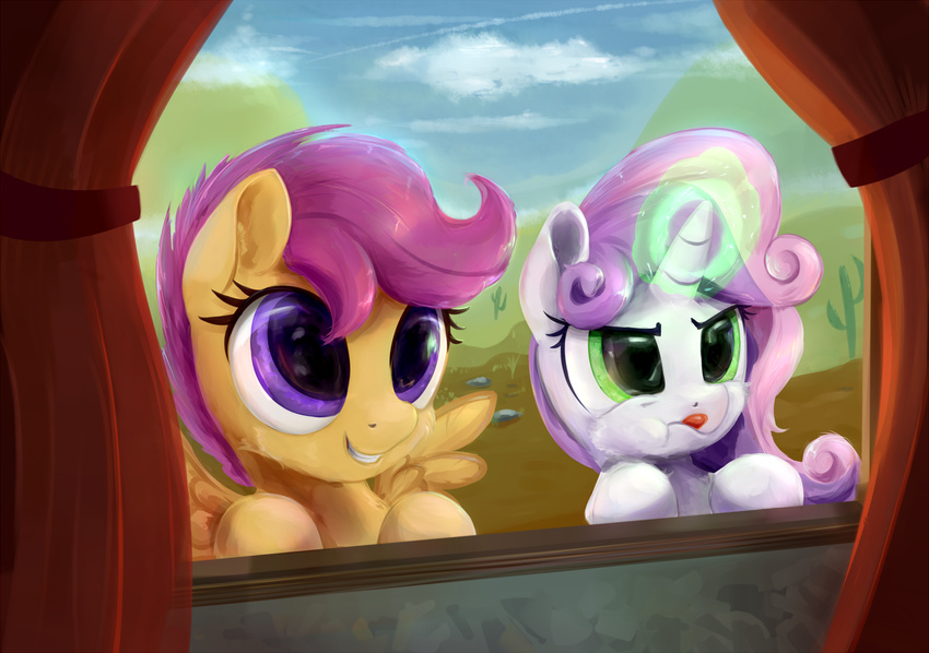 2015 cactus cloud curtains duo equine female feral friendship_is_magic fur green_eyes hair horn magic mammal multicolored_hair my_little_pony orange_fur outside pegasus purple_eyes purple_hair rock scootaloo_(mlp) scootiebloom sky smile sweetie_belle_(mlp) unicorn white_fur window wings