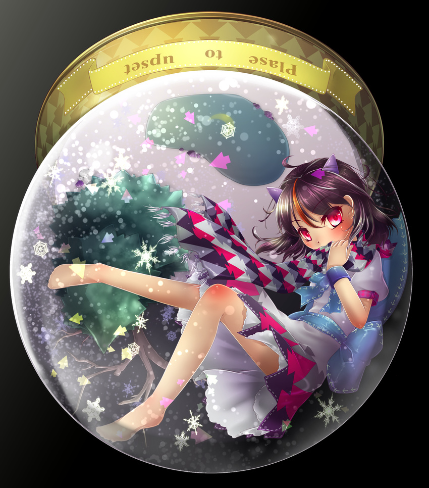 absurdres bare_tree black_background black_hair blush bow covering_mouth dress engrish floating highres horns kakiikada kijin_seija legs looking_at_viewer multicolored_hair pine_tree pink_eyes pond print_scarf ranguage red_hair scarf short_dress short_hair short_sleeves snow snow_globe snowflakes solo streaked_hair touhou tree upside-down white_dress white_hair wristband