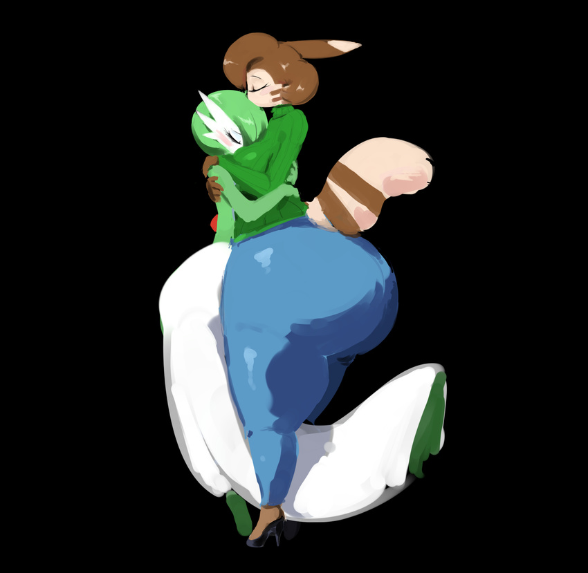 big_butt black_background blush breasts brown_fur brown_hair butt clothing curly_q duo eyes_closed faelyn female fur furret gardevoir green_hair hair hug huge_butt keijimatsu kissing male nintendo pok&eacute;mon pok&eacute;morph simple_background sweater tan_fur video_games wide_hips