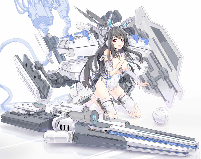 :o animal_ears armor_girls bare_shoulders beam_rifle between_breasts black_hair blush breasts cable character_name collarbone commentary covering covering_breasts covering_nipples elbow_gloves embarrassed energy_gun fake_animal_ears gloves headset hips jojofon long_hair looking_at_viewer mecha_musume medium_breasts mel_cyclop one-piece_swimsuit open_mouth raised_eyebrows red_eyes reflection school_swimsuit seiza simple_background sitting solo strap_slip swimsuit thighhighs torn_clothes torn_gloves torn_legwear torn_swimsuit translated weapon white_background white_gloves white_legwear white_swimsuit
