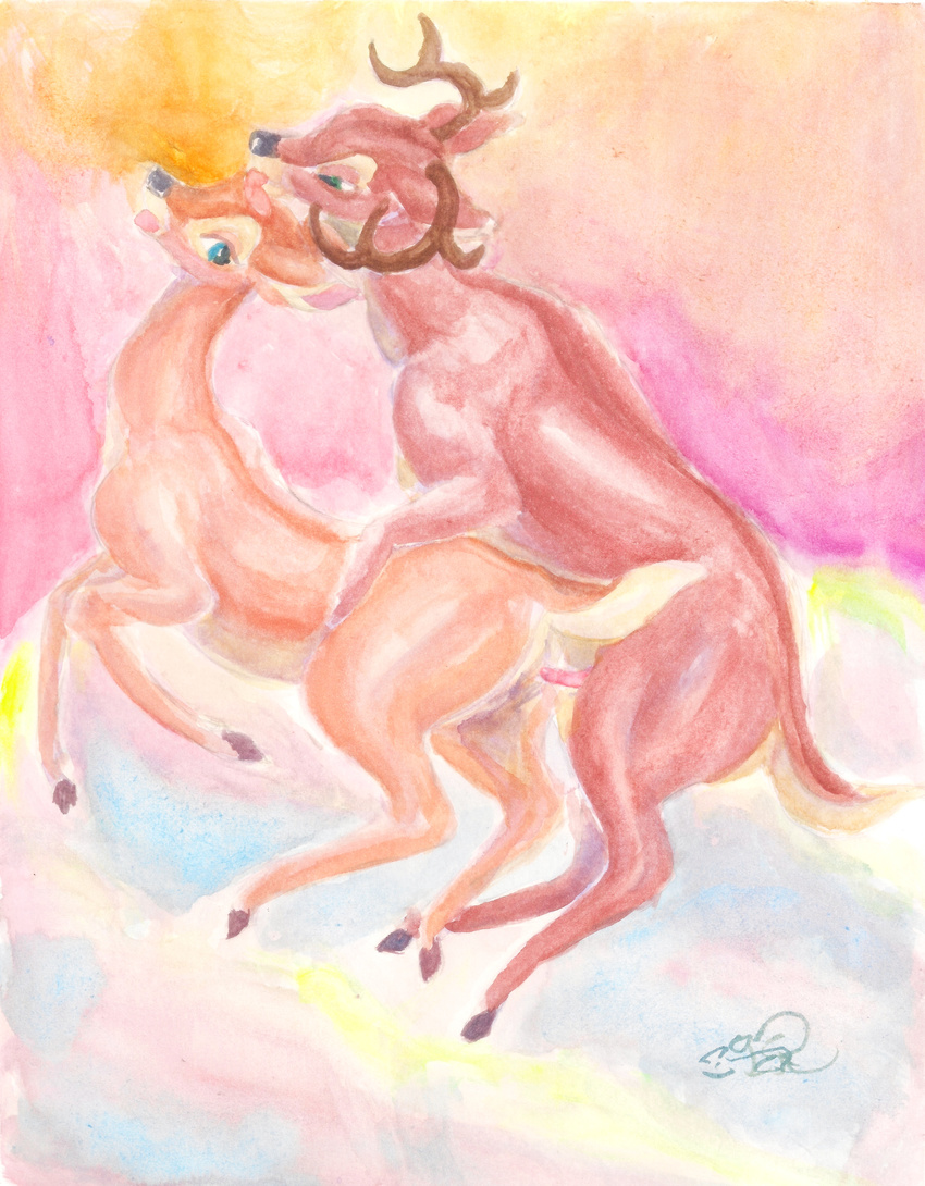 abstract_background bambi cervine cloud deer disney faline female hi_res hooves licking male male/female mammal midair moan penis queensmate ronno sex tongue tongue_out traditional_media_(artwork) watercolor_(artwork)