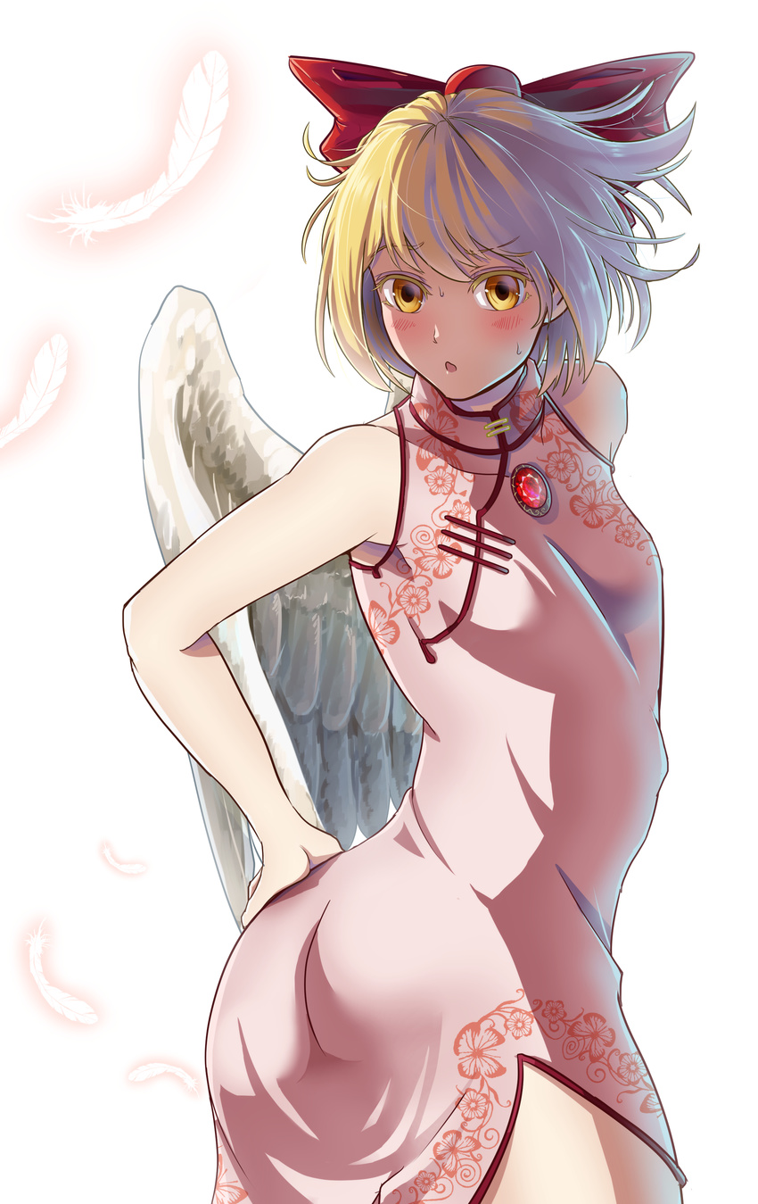 absurdres alternate_costume angel_wings ass blonde_hair blush bow china_dress chinese_clothes dress feathers gengetsu gunjin_(aguran) hair_bow highres jewelry solo sweat touhou touhou_(pc-98) twisted_torso wings yellow_eyes