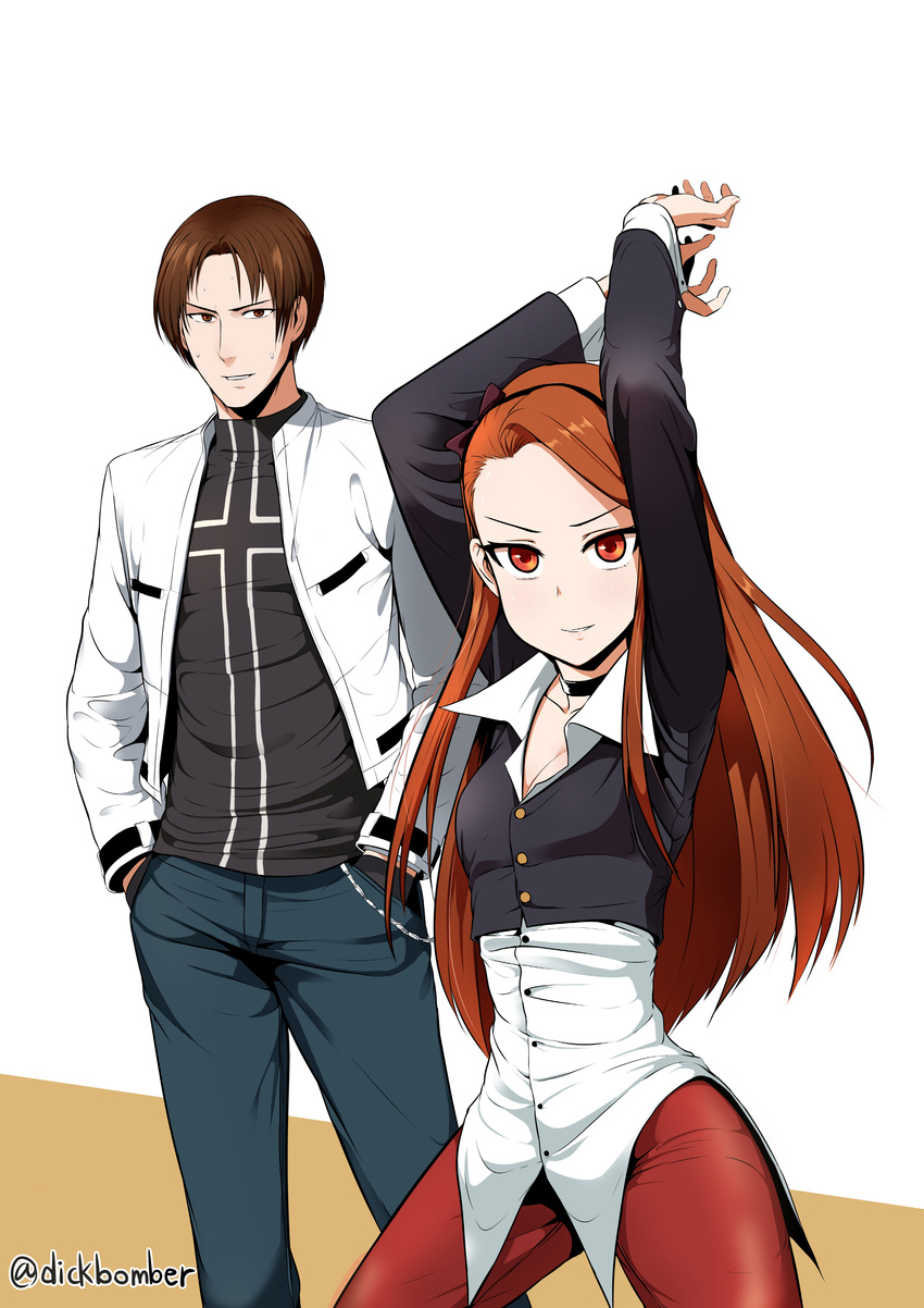 1girl absurdres arms_up brown_eyes brown_hair commentary_request cosplay grin hair_ribbon hairband hands_in_pockets highres idolmaster idolmaster_(classic) kusanagi_kyou leewh1515 minase_iori namesake red_eyes ribbon smile sweat the_king_of_fighters twitter_username yagami_iori yagami_iori_(cosplay)