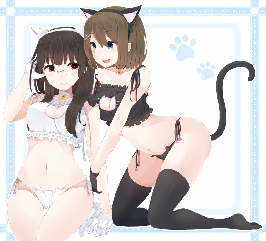 :d alternate_costume animal_ears arm_holding bangs bare_shoulders bell bell_choker black_gloves black_hair black_legwear black_panties blue_eyes border brown_hair cat_cutout cat_ear_panties cat_ears cat_lingerie cat_tail choker choukai_(kantai_collection) cleavage_cutout closed_mouth fake_animal_ears fang frills glasses gloves hair_ornament hairband hairclip hand_in_hair hand_on_another's_shoulder highres jingle_bell kantai_collection kneeling lace long_hair looking_at_another matching_outfit maya_(kantai_collection) meme_attire multiple_girls navel no_shoes open_mouth panties paw_print red_eyes rimless_eyewear short_hair side-tie_panties sitting smile stomach strap_slip string_panties tail thigh_gap thighhighs underwear underwear_only white_background white_gloves white_panties x_hair_ornament yukichi_(sukiyaki39)