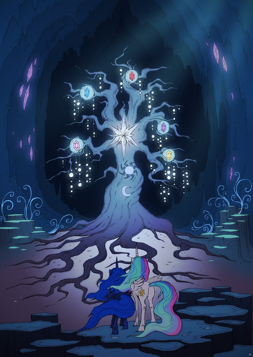 2014 absurd_res blue_feathers blue_fur blue_hair cave cmaggot crystal cutie_mark duo equine feathered_wings feathers female feral friendship_is_magic fur hair hi_res horn mammal multicolored_hair my_little_pony plant princess_celestia_(mlp) princess_luna_(mlp) tree tree_of_harmony white_feathers white_fur winged_unicorn wings