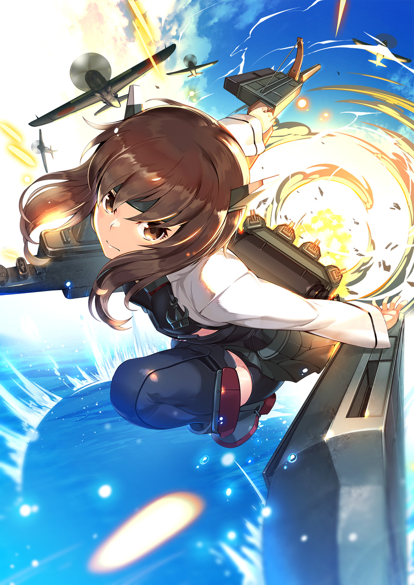 action aircraft airplane bow_(weapon) brown_eyes brown_hair crossbow donarudo headgear highres kantai_collection short_hair solo taihou_(kantai_collection) turret weapon