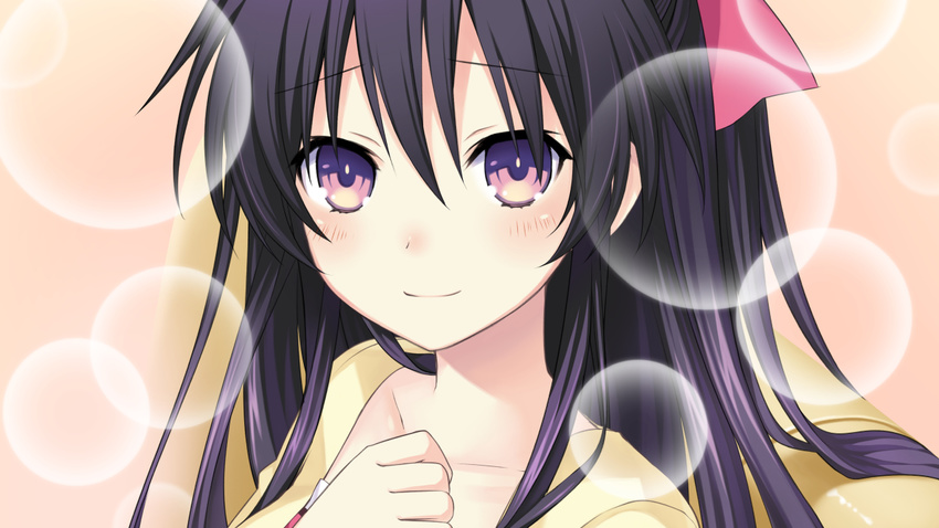 bangs black_hair blush cardigan clenched_hand closed_mouth collarbone couch date_a_live eyebrows eyebrows_visible_through_hair from_side game_cg gradient gradient_background hair_between_eyes hair_ribbon hand_on_own_chest lens_flare light_smile long_hair looking_at_viewer multicolored multicolored_eyes on_couch pink_background pink_ribbon portrait purple_eyes raised_eyebrows ribbon sitting solo tsunako yatogami_tooka