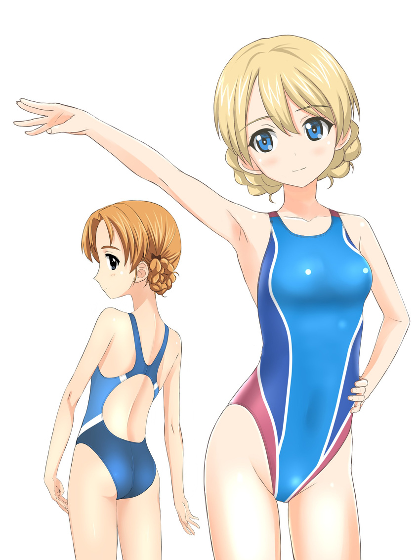 absurdres arm_up ass bad_id bad_twitter_id blonde_hair blue_eyes braid breasts brown_hair collarbone competition_swimsuit covered_navel darjeeling from_behind girls_und_panzer hand_on_hip highres inactive_account light_smile long_hair medium_breasts multiple_girls one-piece_swimsuit orange_hair orange_pekoe short_hair swimsuit takafumi thighs