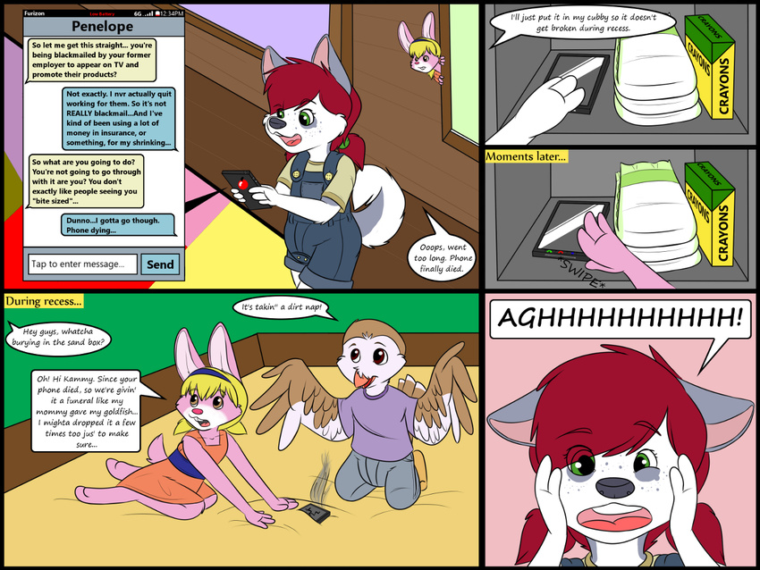 anthro avian bird canine clothing comic dog english_text hair husky kammpup_(artist) kammypup lagomorph mammal owl rabbit red_hair speech_bubble text