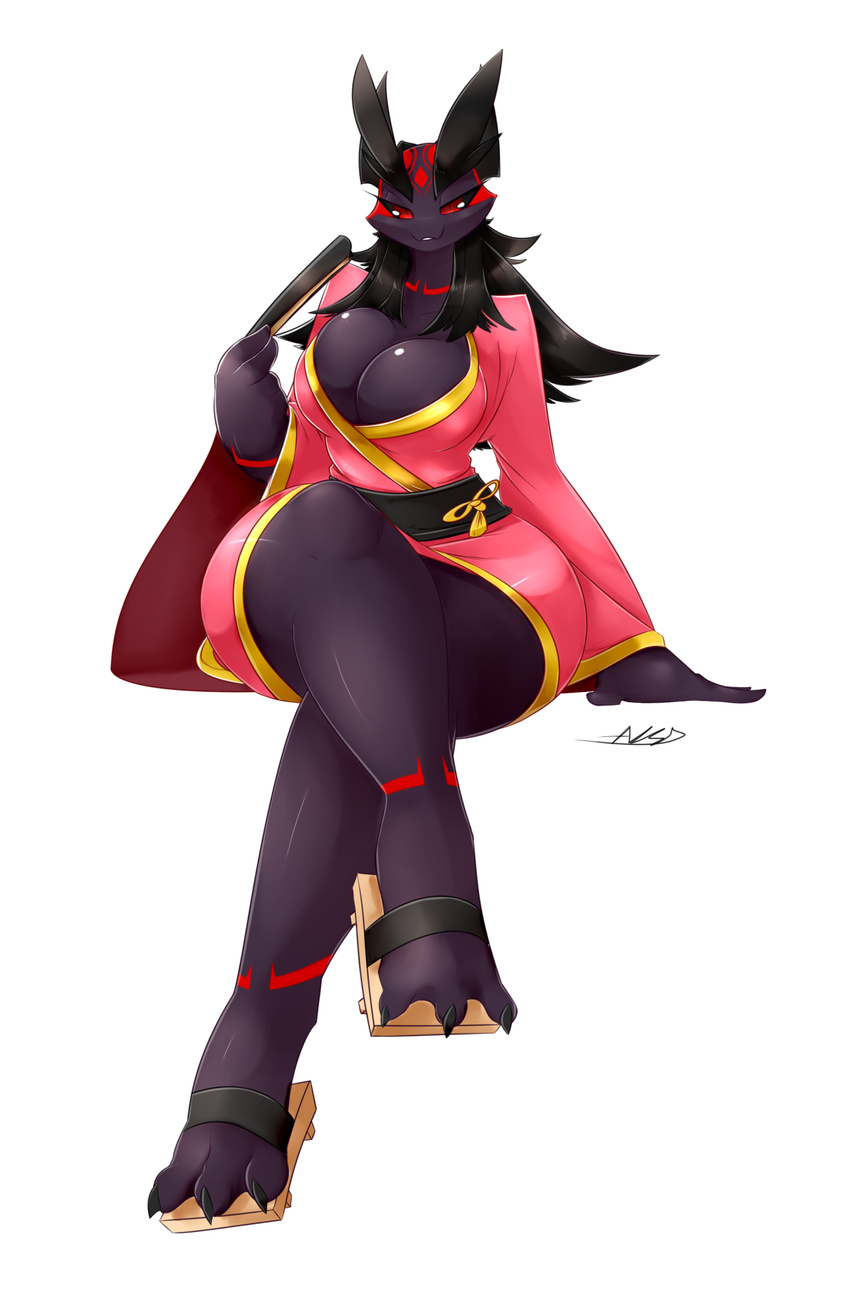 averyshadydolphin big_breasts black_hair breasts cultural_clothes dark_skin dragon eyebrows fan female hair humanoid long_legs looking_at_viewer markings red_eyes red_markings simple_background sitting smile tall thick_thighs white_background yaojou