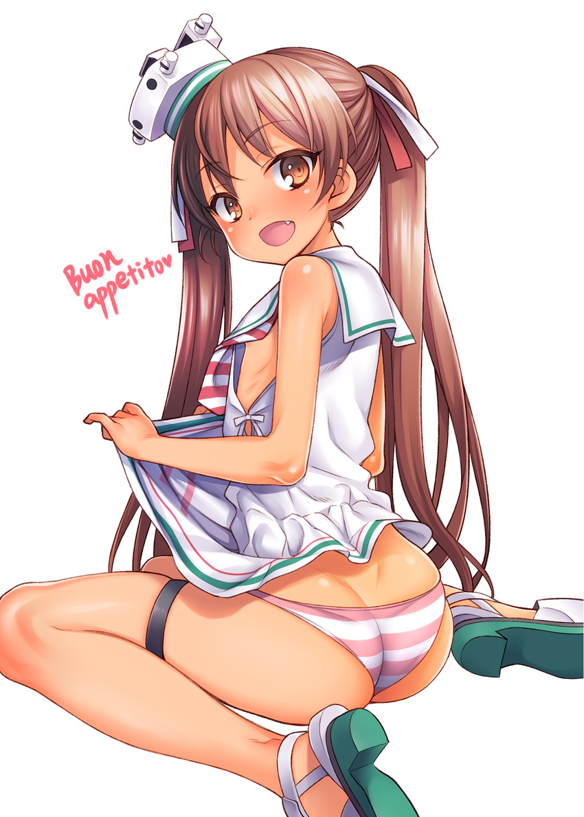 ass bare_arms bare_legs bare_shoulders blush brown_eyes brown_hair fang flat_chest hair_ribbon highres kantai_collection libeccio_(kantai_collection) long_hair looking_at_viewer nipples no_bra no_pants open_mouth panties pink_panties revision ribbon school_uniform serafuku side_slit sitting smile solo striped striped_panties thigh_strap twintails underwear uousa-ou very_long_hair wariza