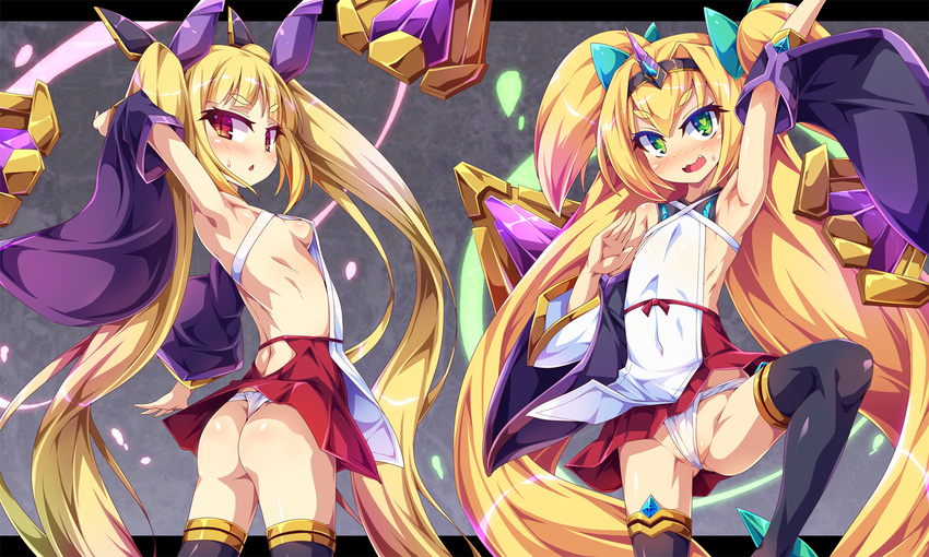 :o arm_up armpits ass blazblue blonde_hair blush bow breasts cosplay detached_sleeves fang flat_chest green_eyes hair_ribbon headband_around_neck heart heart-shaped_pupils highres long_hair mikado_(blazblue) mikado_(blazblue)_(cosplay) open_mouth panties platinum_the_trinity quad_tails rachel_alucard red_eyes ribbon sideboob skirt small_breasts standing standing_on_one_leg sweatdrop symbol-shaped_pupils tabard thighhighs toraishi_666 twintails underwear wavy_mouth