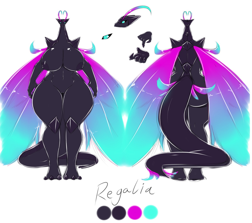 averyshadydolphin big_body big_breasts big_butt black_nipples black_skin breasts butt claws dragon erect_nipples female horn humanoid invalid_tag long_tail magical_wings model_sheet multi_colored_wings navel nipples nude pussy regalia solo standing tiny_head wings