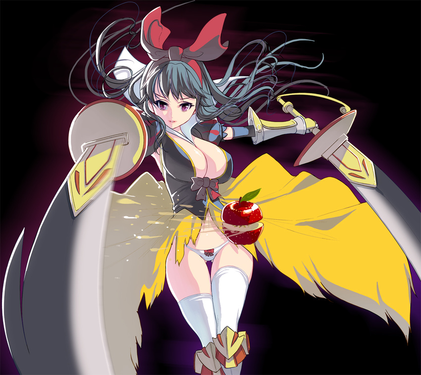 apple armor black_hair bow bow_panties breasts cleavage dual_wielding food fruit gauntlets grimm's_fairy_tales hair_bow holding large_breasts long_hair looking_at_viewer masao no_bra original panties puffy_short_sleeves puffy_sleeves purple_eyes shirt short_sleeves showgirl_skirt slashing snow_white snow_white_(grimm) solo sword thighhighs thighs underwear very_long_hair weapon white_legwear white_panties