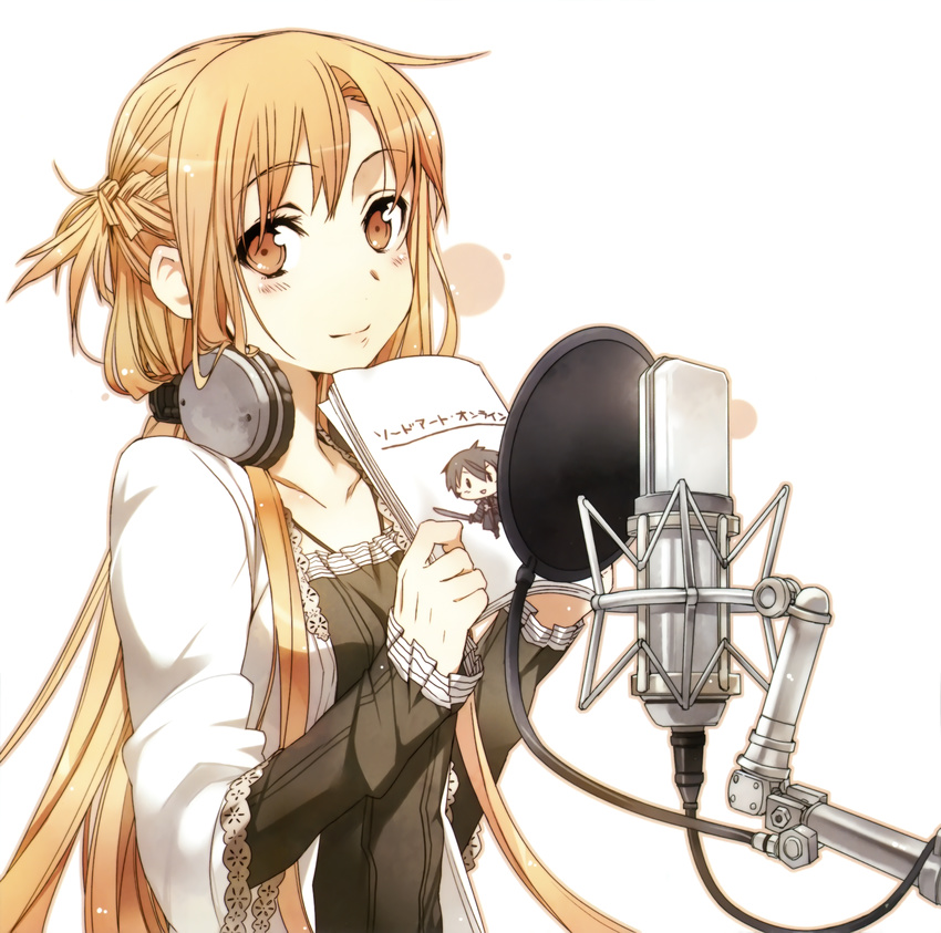 abec asuna_(sao) bangs black_dress black_shirt blush braid cardigan chibi closed_mouth collarbone copyright_name crown_braid dot_nose dress hands_up headphones headphones_around_neck highres holding kirito lace-trimmed_cardigan lace-trimmed_sleeves layered_sleeves light_smile long_hair long_sleeves looking_at_viewer looking_to_the_side microphone orange_eyes orange_hair pop_filter ribbed_shirt script shiny shiny_hair shirt simple_background sleeves_past_wrists solo standing studio_microphone sword_art_online upper_body very_long_hair white_background white_cardigan