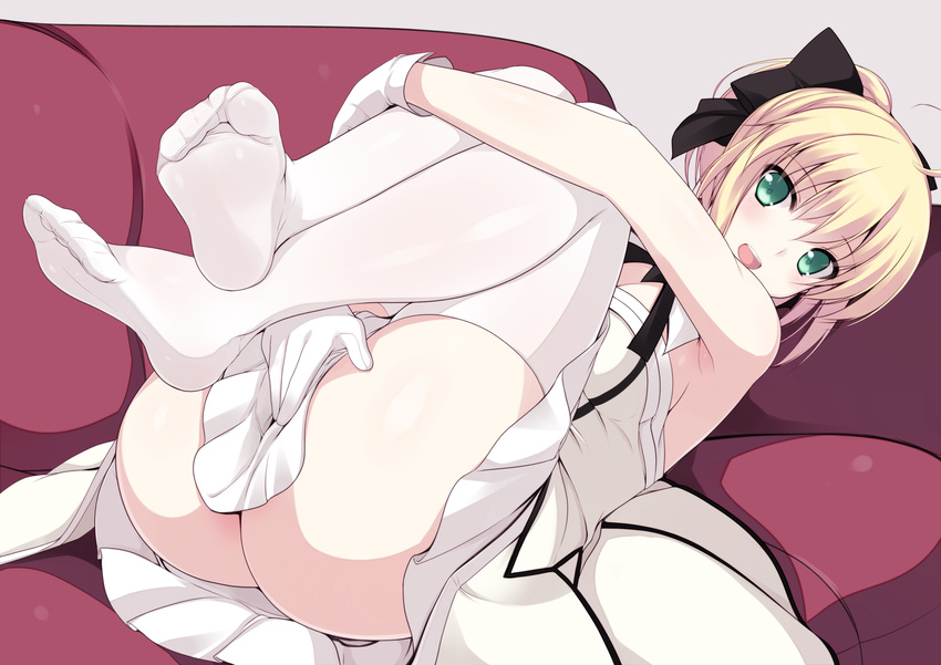 ahoge armpits artoria_pendragon_(all) ass bare_shoulders blonde_hair blush covering covering_crotch dress fate/grand_order fate/stay_night fate/unlimited_codes fate_(series) feet gloves green_eyes hair_ribbon highres knees_on_chest leg_hug legs legs_up long_hair looking_at_viewer lying naturalton on_back open_mouth ponytail ribbon saber saber_lily sleeveless sleeveless_dress smile soles solo thighhighs toes white_dress white_gloves white_legwear