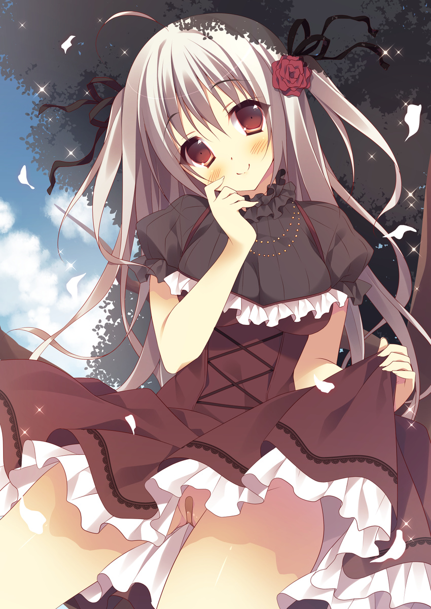 bandaid bandaid_on_pussy blush breasts brown_eyes cloud day dress flower hair_flower hair_ornament hair_ribbon hand_on_own_face highres jewelry large_breasts necklace no_panties oniku_(shimofuri-ke) original ribbon silver_hair skirt skirt_lift sky smile solo