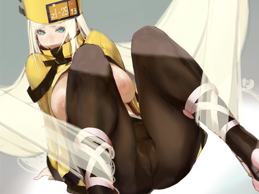 bad_id bad_pixiv_id blonde_hair blue_eyes breasts breasts_outside cameltoe guilty_gear guilty_gear_xrd hat huge_breasts millia_rage mumaya nipples no_panties orange_hat pantyhose solo