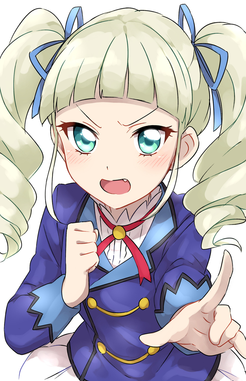 absurdres aikatsu! aikatsu!_(series) angry bangs blunt_bangs blush drill_hair fang hair_ribbon highres open_mouth pointing pointing_at_viewer ribbon school_uniform sekina simple_background solo starlight_academy_uniform toudou_yurika twintails white_background white_hair