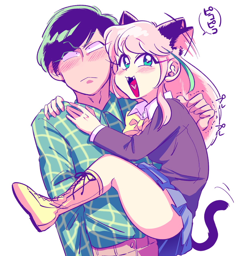 1girl animal_ears bad_id bad_twitter_id black_hair blazer blush boots cat_ears cat_tail clinging fangs green_eyes hashimoto_nyaa heart heart_in_mouth highres jacket looking_away matsuno_choromatsu multicolored_hair osomatsu-kun osomatsu-san pink_hair plaid plaid_shirt school_uniform shakata_(syakatan) shirt streaked_hair tail thigh_boots thighhighs