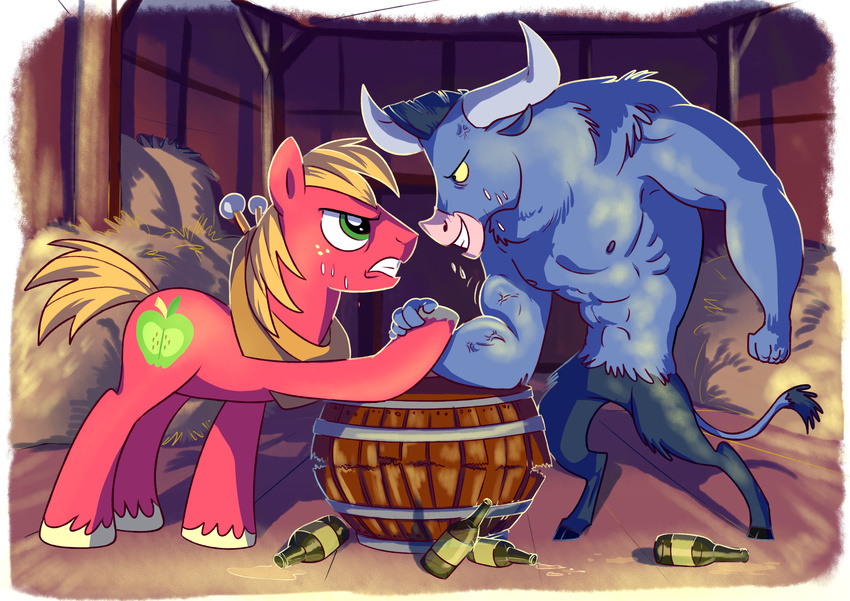 2016 absurd_res adlynh barn barrel big_macintosh_(mlp) black_fur black_hair blonde_hair blue_fur bottle bovine cattle cutie_mark duo earth_pony equine friendship_is_magic fur green_eyes hair hay hi_res horn horse inside iron_will_(mlp) male mammal minotaur my_little_pony pony red_fur sweat