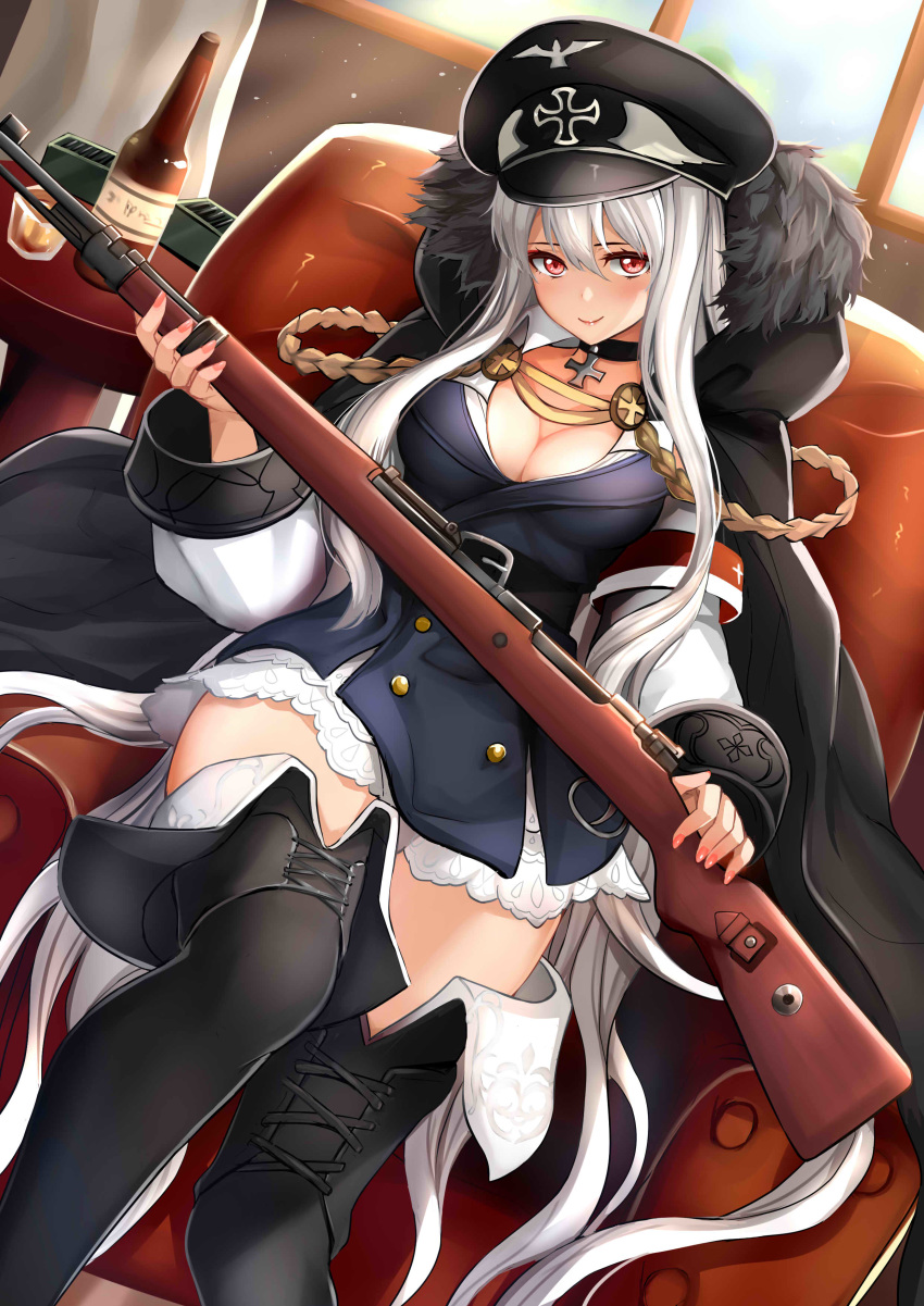 1girl absurdres aiguillette bangs belt black_footwear black_hat black_skirt blush bolt_action boots bottle breasts buckle cleavage cross_choker cup double-breasted dutch_angle fur_trim girls_frontline gun gyakushuu_no_hoshiumi hair_between_eyes hat highres holding holding_gun holding_weapon indoors iron_cross jacket jacket_on_shoulders kar98k_(girls_frontline) knee_up large_breasts long_hair looking_at_viewer mauser_98 medium_breasts military military_uniform oversized_clothes peaked_cap red_eyes rifle silver_hair sitting skirt smile solo thigh_boots thighhighs uniform very_long_hair weapon white_hair