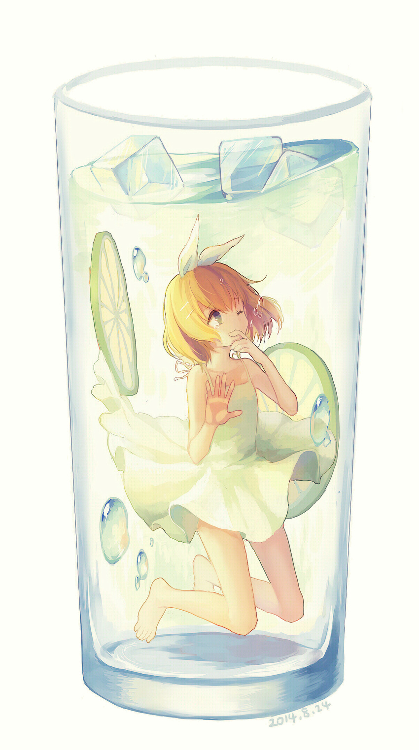 2014 afloat against_glass air_bubble bangs bare_legs barefoot blonde_hair blue_eyes bow bubble cup dated dress drink drinking_glass finger_to_mouth flat_chest food fruit glass hair_bow hair_ornament hairclip hand_on_glass highres ice ice_cube in_container in_cup kagamine_rin lemon lemon_slice lime_slice looking_up max_(744275974) minigirl one_eye_closed short_hair simple_background sleeveless sleeveless_dress solo spaghetti_strap submerged sundress tears underwater vocaloid water white_background white_bow white_dress