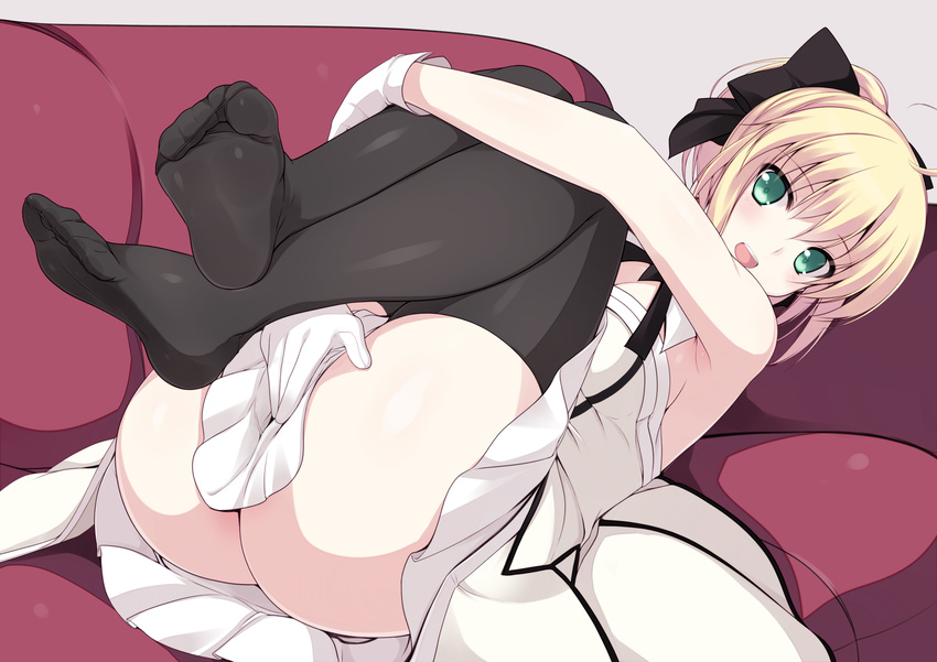 ahoge armpits artoria_pendragon_(all) ass bare_shoulders black_legwear blonde_hair blush covering covering_crotch dress fate/grand_order fate/stay_night fate/unlimited_codes fate_(series) feet gloves green_eyes hair_ribbon highres knees_on_chest leg_hug legs legs_up long_hair looking_at_viewer lying naturalton on_back open_mouth ponytail ribbon saber saber_lily sleeveless sleeveless_dress smile soles solo thighhighs toes white_dress white_gloves