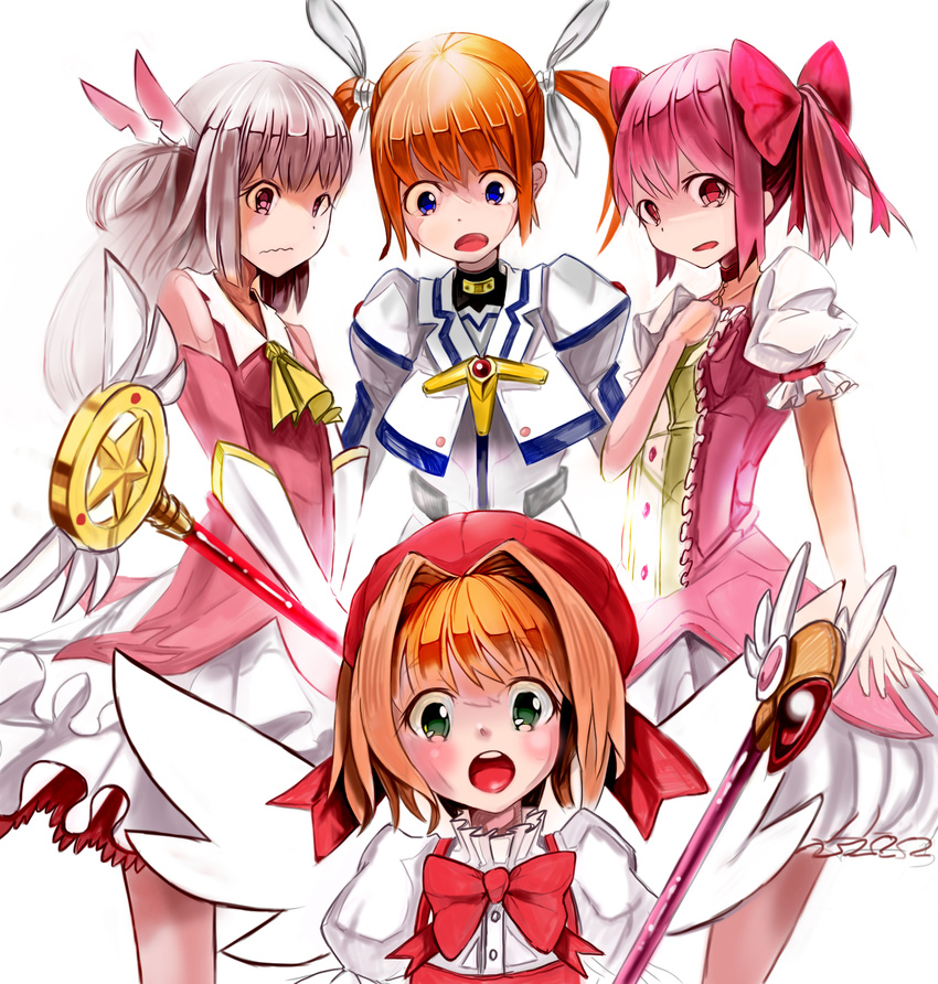 :o aiai_(hidetti) bad_id bad_pixiv_id blush bow brown_hair bubble_skirt cardcaptor_sakura choker commentary_request cropped_jacket crossover elbow_gloves fate/kaleid_liner_prisma_illya fate_(series) feathers fuuin_no_tsue gloves green_eyes hair_feathers hair_ribbon hand_on_own_chest hat highres illyasviel_von_einzbern kaleidostick kaname_madoka kinomoto_sakura looking_down lyrical_nanoha magical_girl magical_ruby mahou_shoujo_lyrical_nanoha mahou_shoujo_lyrical_nanoha_the_movie_1st mahou_shoujo_madoka_magica multiple_crossover multiple_girls no_gloves pink_eyes pink_hair prisma_illya purple_eyes red_bow red_eyes red_hair ribbon short_hair silver_hair skirt tail takamachi_nanoha trait_connection twintails wand wavy_mouth white_gloves wings