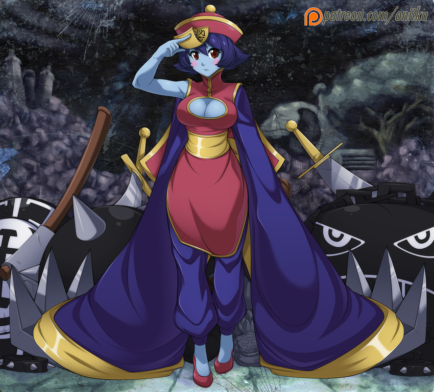 baggy_pants blue_skin blush_stickers breasts cameo character_doll chinese_clothes cleavage cleavage_cutout flats flipped_hair full_body gouki highres huge_weapon jiangshi large_breasts lei_lei long_sleeves ofuda pants purple_hair red_eyes sash short_hair sleeves_past_fingers sleeves_past_wrists solo spike_wible street_fighter vampire_(game) very_long_sleeves weapon when_you_see_it