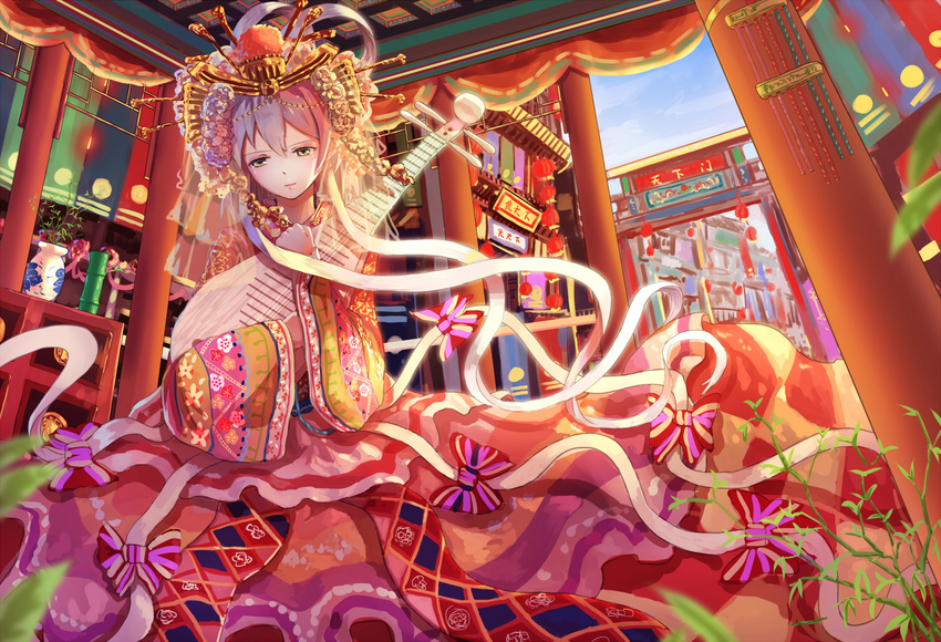 alternate_costume alternate_eye_color architecture bangs bow ceiling chinese_clothes closed_mouth day diamond_(shape) east_asian_architecture flag hair_bow hair_ornament hair_stick hat holding jewelry lantern light_smile long_hair long_sleeves luo_tianyi mole mole_under_mouth new_year paper_lantern pillar pink_lips pipa_(instrument) plant ribbon see-through silver_hair skirt sky smile solo striped tangjinhang torii vase veil very_long_hair vocaloid vocanese wide_sleeves yellow_eyes