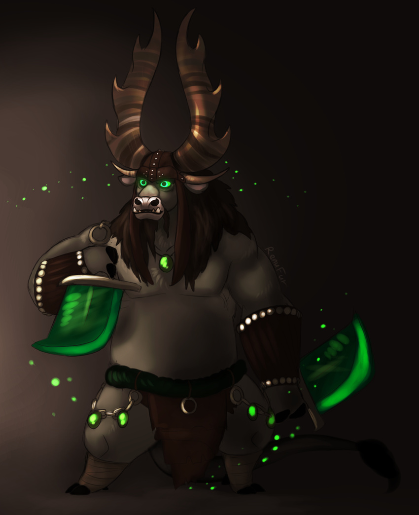 bovine cattle glowing green_eyes horn kai male mammal melee_weapon solo titanmarch weapon