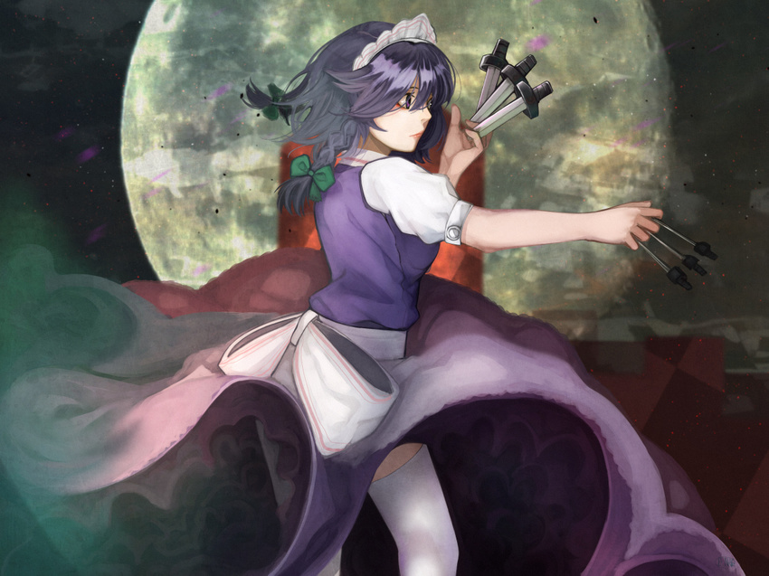 apron ashes bad_id bad_pixiv_id bangs between_fingers bow braid from_side full_moon green_bow hair_bow holding holding_weapon izayoi_sakuya knife maid_headdress moon night night_sky pink_lips purple_eyes scroll_lock_(scrool5) short_hair short_sleeves silver_hair sky smoke solo standing thighhighs throwing_knife touhou twin_braids upskirt waist_apron weapon white_legwear wind