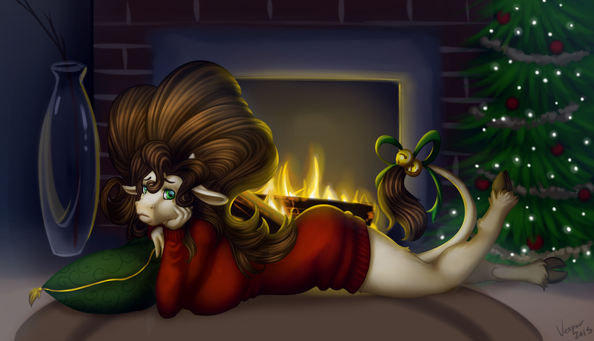 big_hair bovine brown_hair cattle christmas christmas_tree fire fireplace green_eyes hair holidays mammal milkii_wei pouting pouty red_sweater sad tree vespur