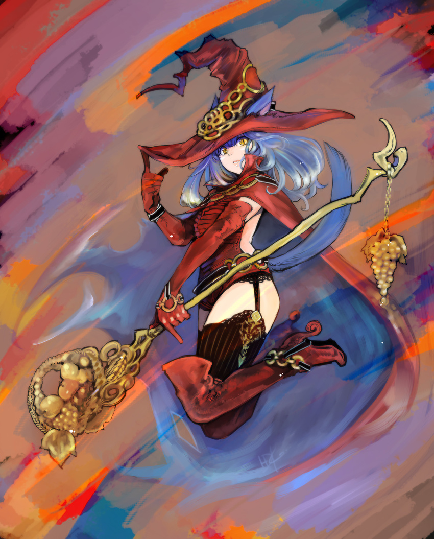 animal_ears blue_hair boots breastplate cape character_request commentary_request doraeshi ears_through_headwear food fruit full_body garter_straps gloves grapes hat high_heel_boots high_heels highres jumping knee_boots long_hair red red_footwear red_gloves red_legwear slit_pupils solo staff striped striped_legwear thighhighs vertical-striped_legwear vertical_stripes witch_hat yellow_eyes