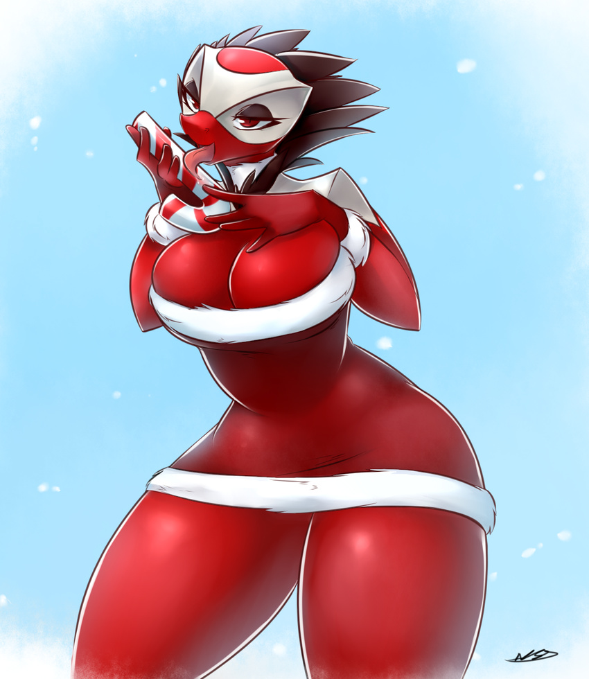 averyshadydolphin big_eyes breasts calamity candy candy_cane cleavage clothed clothing dragon dress female fingers food fur licking licking_candy_cane looking_at_viewer nose_holes presenting red_dress red_eyes red_skin reptile_snout santa_dress scalie snout snow solo suggestive thick_thighs tongue tongue_out white_markings white_skin