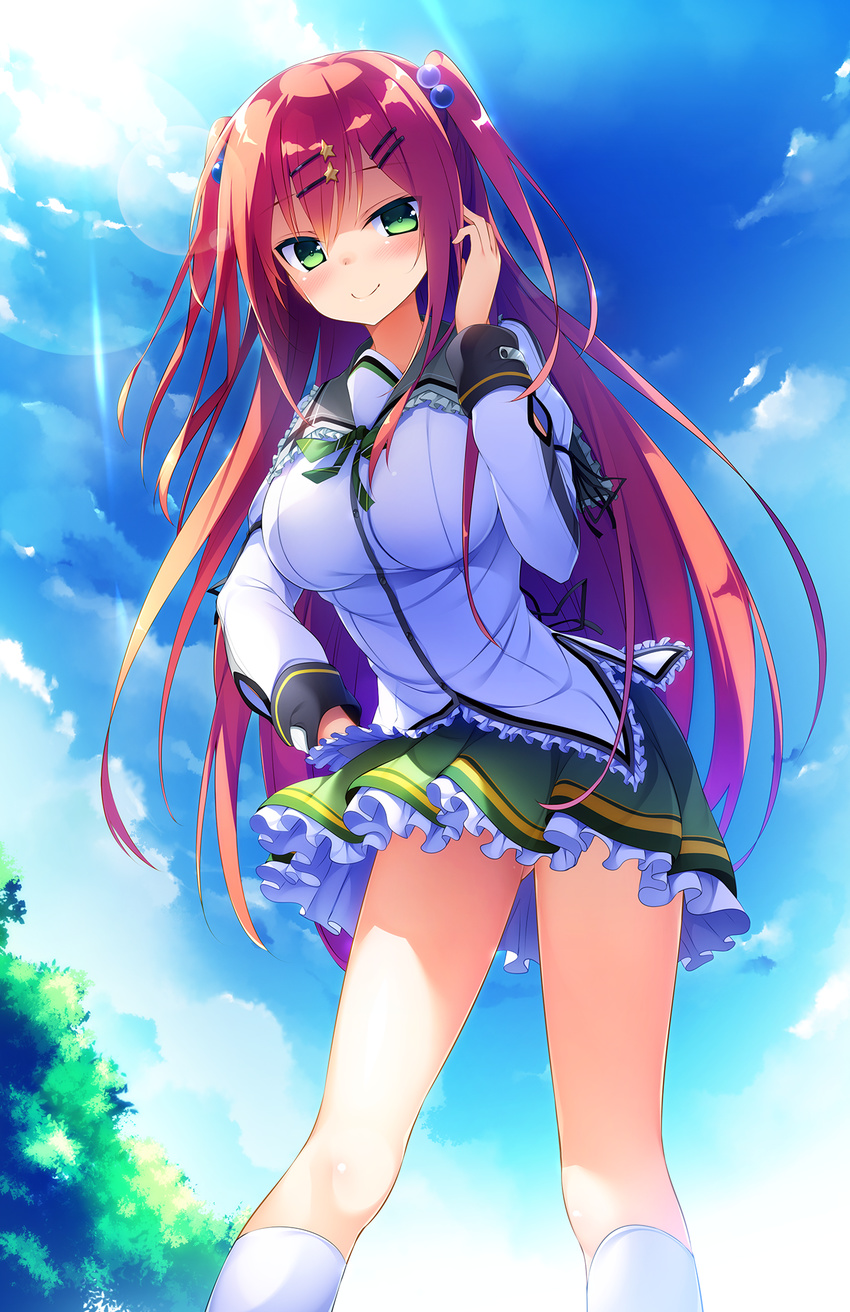 ass_visible_through_thighs blue_sky bow bowtie breasts brown_hair cloud day frilled_skirt frills green_bow green_eyes green_neckwear green_skirt hair_bobbles hair_ornament hairclip hanikami_clover highres kakao large_breasts legs long_hair long_sleeves outdoors plant saeki_rio school_uniform skirt sky smile solo standing tree two_side_up