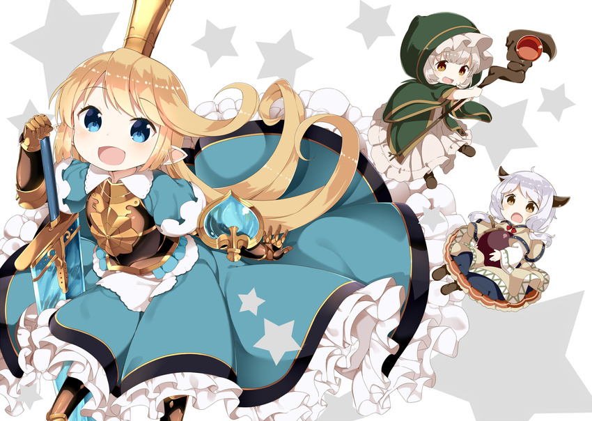 :d armor blonde_hair blue_eyes breastplate brown_eyes camieux charlotta_fenia cloak crown draph dress gauntlets gnome granblue_fantasy greaves harvin hood horns long_hair minigob muku_(muku-coffee) multiple_girls open_mouth planted_sword planted_weapon pointy_ears silver_hair smile staff star starry_background sword very_long_hair weapon