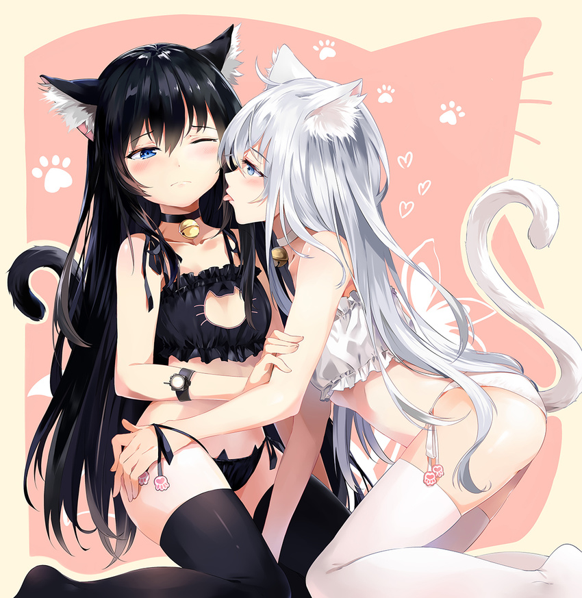 ;( akatsuki_(kantai_collection) animal_ears ass bell black_hair black_legwear black_panties blue_eyes blush bra breasts cat_cutout cat_ears cat_lingerie cat_tail cleavage_cutout from_side hand_in_panties heart hibiki_(kantai_collection) highres jingle_bell kantai_collection kemonomimi_mode long_hair matching_outfit meme_attire multiple_girls neko_(yanshoujie) no_shoes one_eye_closed panties paw_print profile side-tie_panties silver_hair small_breasts tail tears thighhighs tongue tongue_out underwear very_long_hair white_legwear white_panties yuri