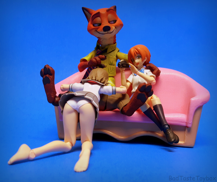 2girls animal_ears animal_humanoid anthro badtastetoybox barefoot bestiality blue_background camera crossover disney fellatio filming fox fox_ears green_eyes hand_on_head hawaiian_shirt hetero hoshizora_rin human_on_anthro human_on_feral implied_fellatio kneesocks leaning_over love_live! love_live!_sunshine!! multiple_girls naughty_face naughty_smile nick_wilde oral orange_fur orange_hair panties panty_shot photo school_uniform schoolgirl serafuku shirt sly sucking tie toy_photography underwear watanabe_you zoophilia zootopia